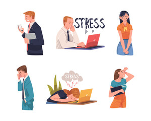 Young Busy Man and Woman Character in Stress Feeling Tired and Exhausted Sitting at Laptop Vector Illustration Set
