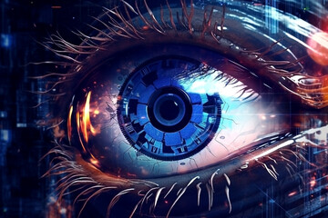 Dark blue digital high-tech eye. Abstract background. Mixed reality fantasy future technology concept. Concept of artificial intelligence