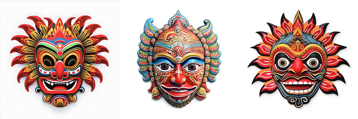 Obraz premium Mask design in traditional balinese motifs, indian mask, colorful cartoon, dynamic and exaggerated facial expressions on white background. Generative ai.