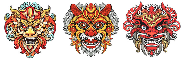 Mask design in traditional balinese motifs, indian mask, colorful cartoon, dynamic and exaggerated facial expressions on white background. Generative ai.