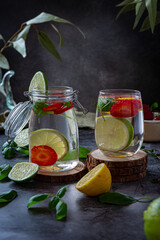 Fresh strawberry lemonade with lime and lemon and basil leaves on dark background 