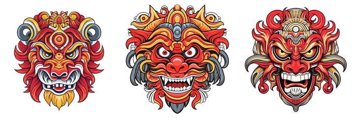 Mask design in traditional balinese motifs, indian mask, colorful cartoon, dynamic and exaggerated facial expressions on white background. Generative ai. - obrazy, fototapety, plakaty