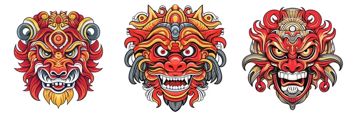 Tuinposter Mask design in traditional balinese motifs, indian mask, colorful cartoon, dynamic and exaggerated facial expressions on white background. Generative ai. © ckybe