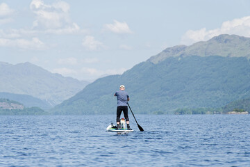 Naklejka premium Single man on a stand up paddle board during a summer morning