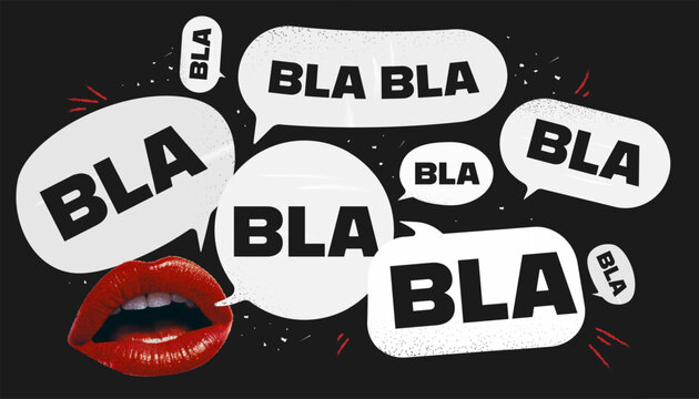Collage poster. Doodles chalked up on a blackboard. Spitballs with blah blah text. Beautiful womans lips cut out of paper. Vector illustration. Modern vintage pop art.