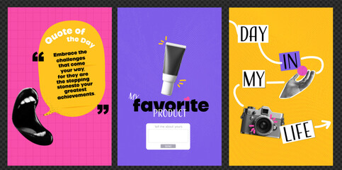 A set of templates for social networking posts. Open Mouth with Quote of the Day. My favorite product. A day in my life. Ideas for content. Vector collage style.