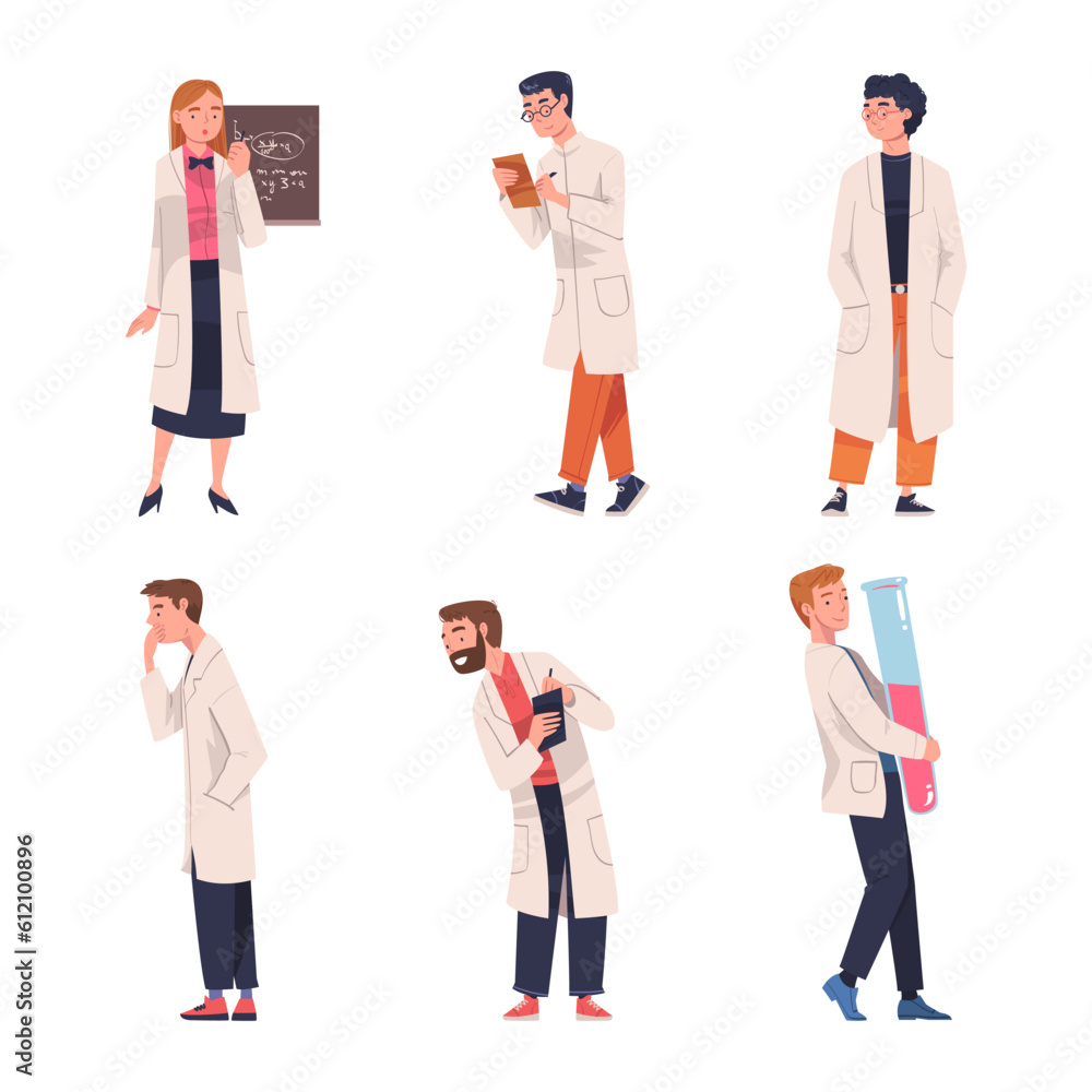 Poster people scientist character working in laboratory engaged in research vector set