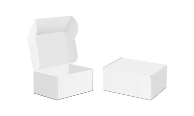 Two Cardboard Packaging Boxes With Opened and Closed Lid, Side View, Isolated on White Background. Vector Illustration