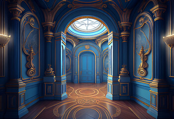 Obraz premium Photorealistic interior of a castle or palace decorated with blue ornamental stone and gold. AI generative.