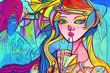 colorful illustration of girl, - AI generated illustration