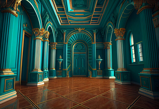 Photorealistic interior of a castle or palace decorated with turquoise malachite ornamental stone and gold. AI generative.