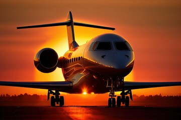 Fototapeta na wymiar airplane close-up against the backdrop of an orange sunset