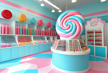 Cartoon interior of lollipop candy store. Generative AI.