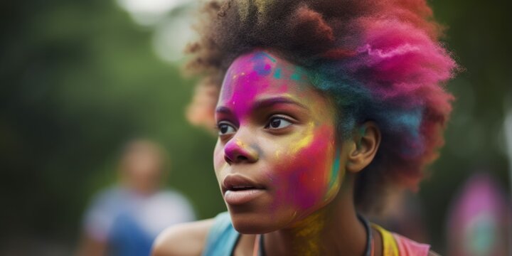 black young woman portrait in colored paints generative ai 