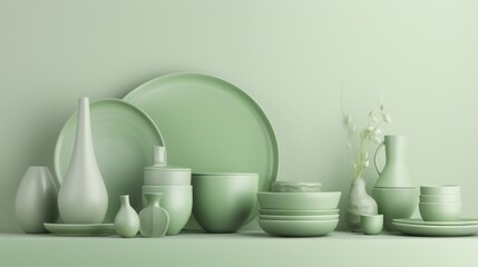 Fototapeta na wymiar tableware kitchen utensils monochrome light green color generative ai