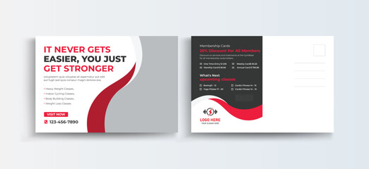 Fitness gym Post Card Design Template, Sports Postcard Template, Vector Template, Professional Business Postcard Design, Event Card Design, Invitation Design, Direct Mail EDDM Template.