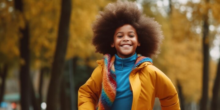 horizontal portrait of running happy girl age 11 banner young african smiling girl on the background of a summer park generative ai