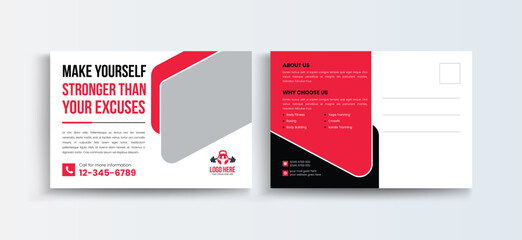 Fitness gym Post Card Design Template, Sports Postcard Template, Vector Template, Professional Business Postcard Design, Event Card Design, Invitation Design, Direct Mail EDDM Template.