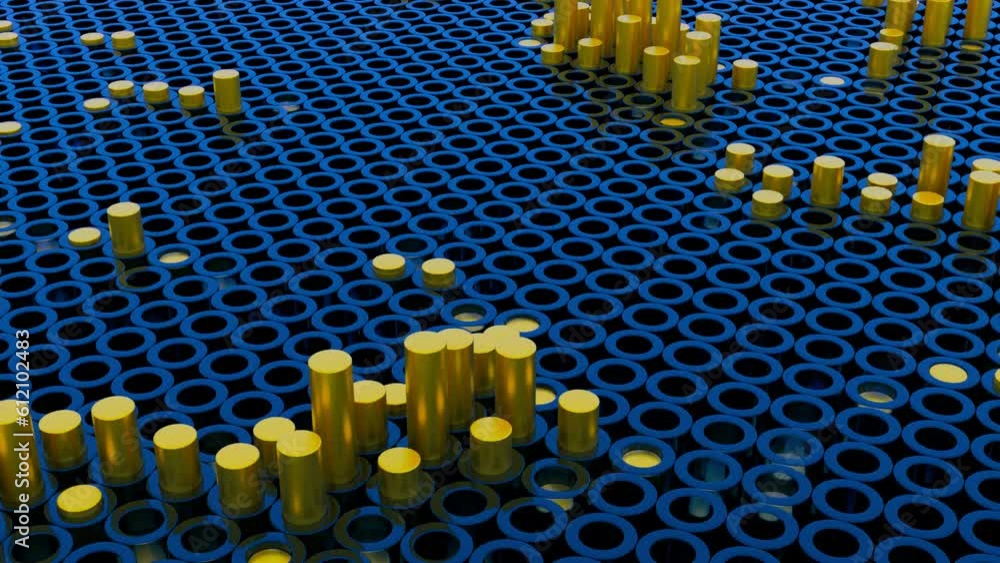 Poster 3d animation with rising columns. design. columns rise from holes in field. surface with holes and m