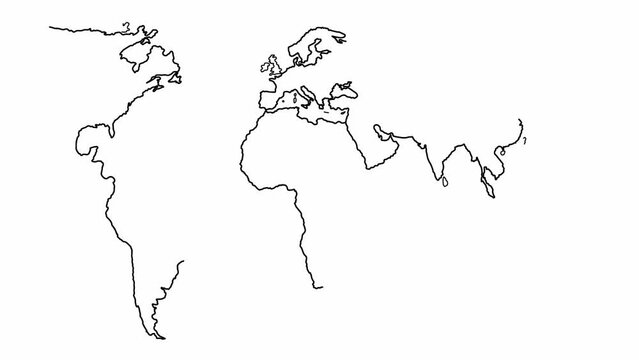 Self drawing simple animation of continuous one line drawing of world map. Black lines on a white background. Freehand digital drawing. Outline picture of world map isolated on white background. 