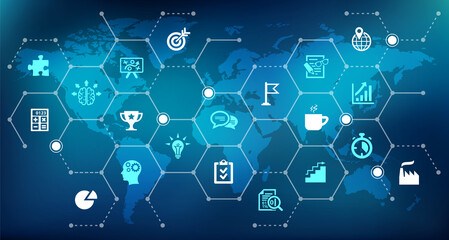 Project management illustration. Blue concept with icons related to strategy & objectives, agile strategy, planning & controlling, progress reporting, tasks & goals.