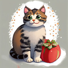 A Cute Christmas Cat And Christmas Tree And New Year Celebration Concept 