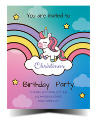 Birthday party colorful invitation with unicorn and rainbows. Ready to print. Vector illustration