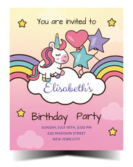 Birthday party colorful invitation with unicorn and rainbows. Ready to print. Vector illustration