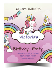 Birthday party colorful invitation with unicorn and rainbows. Ready to print. Vector illustration