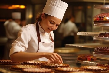 female master chef chocolatier working in artisanal professional chocolate laboratory, AI Generative