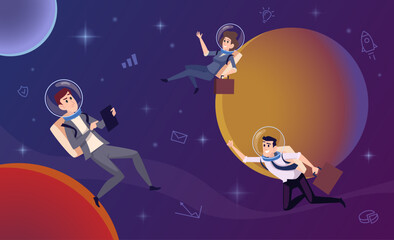 Businessman in universe. Business activity exploration space male and female astronaughts flying and falling exact vector background
