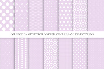 Collection of purple seamless dotted geometric patterns. Simple spotted textures - repeatable delicate backgrounds. Textile endless polka dot prints