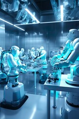 This image showcases a modern research laboratory with scientists and robotic arms working together. In the center, a humanoid robot with advanced AI capabilities is collaborating with researchers.