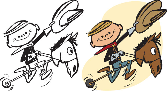 A vintage retro cartoon of a young boy playing cowboy on a hobby horse. 