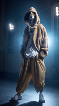  Hip Hop camel portrait in dark room, Generative Ai