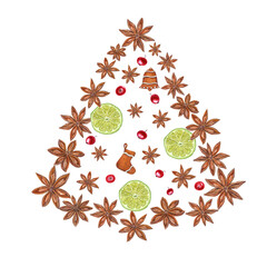 Naklejka na ściany i meble Watercolor illustration of Christmas tree figure composed of Star Anise, Lime slices, Cranberry and Gingerbread Cookie isolated on transparent background. Set for the design of greetings, package