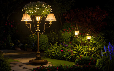 The mesmerizing beauty of garden lights shines brightly in the night garden park environment
