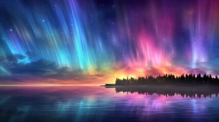 landscape with vibrant light reflections resembling the aurora borealis