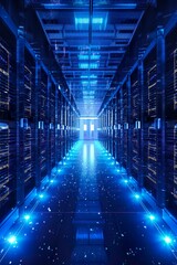 This image presents a large data center filled with rows of server racks and cooling systems. The servers process vast amounts of data, supported by AI algorithms for efficient analysis.