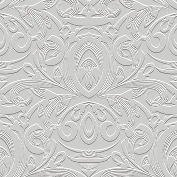 Textured vintage emboss 3d lines Damask white seamless pattern. Floral embossed ethnic background. Grunge ornate backdrop. Line art flowers, leaves. Hand drawn surface relief 3d paisley ornament