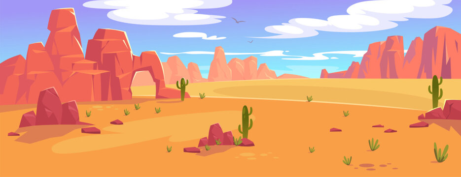 Landscape view of a desert valley with rocky mountains, sand, cactus plants. Background for a cowboy game level. Natural wilderness of Wild West America and Grand Canyon. Cartoon vector illustration