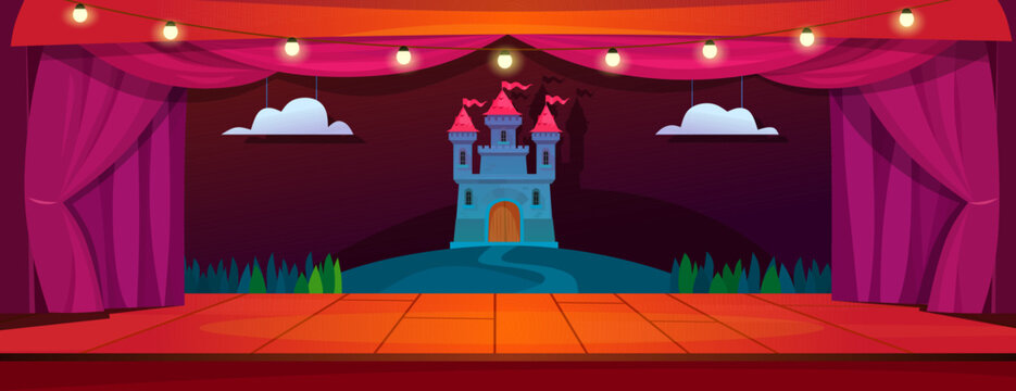 Empty stage in a school theater with decorations and open curtains. Fairy tale show in a children's play on a wooden scene with a castle in the background. Cartoon vector illustration.