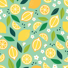 Trendy summer seamless pattern with yellow lemons on bright background. Summer flat design background. 