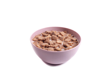 corn snacks with milk healthy breakfast in bowl on white background