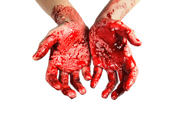 bloody hands isolated on white, concept of murder, violence, halloween, maniac - obrazy, fototapety, plakaty