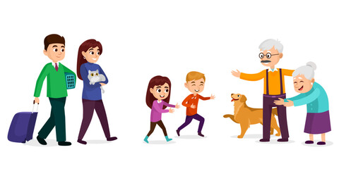 A young couple with kids, a boy, and a girl visits grandparents. Full family together isolated on white background. Grandma and grandpa are happy to embrace children. Cartoon style vector illustration