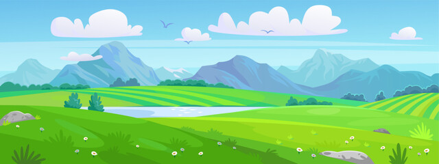 Fototapeta na wymiar A landscape of a green meadow with a lake and mountains. Beautiful view of green fields, blue sky with clouds and a mountain range in summer. A scene in a natural park. Cartoon style vector background