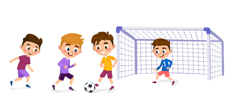 Young kids playing football, isolated on white background. A team of players in uniform running and kicking a ball. Happy children at football practice. Cartoon style vector illustration.