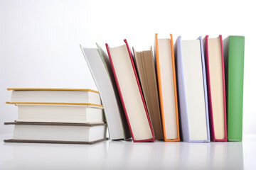books on wooden table isolated white background with copy space