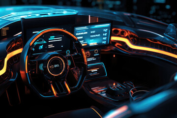 Fototapeta na wymiar Futuristic interior of luxury car. Car cockpit with digital dashboard without driver. Created with Generative AI
